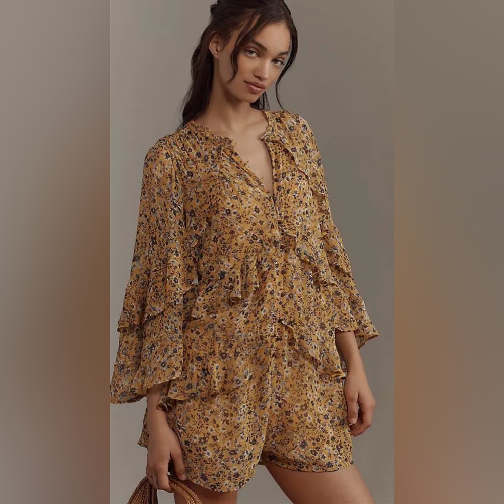 Anthropologie Ruffle Swing Romper, Floral Yellow, NWOT, Medium - Picture 3 of 8
